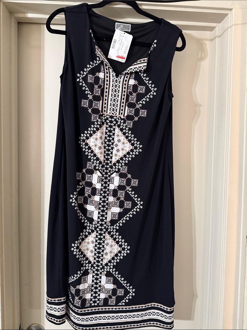 JM Collection Black Midi Dress with White and Tan Geometric Print